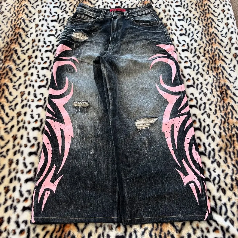 Y2K Destroyed Denim Hose Dark Wash Wide Leg Distressed Pink Flame Stickerei E Girl Baggy HipHop Punk Style Hose für Damen