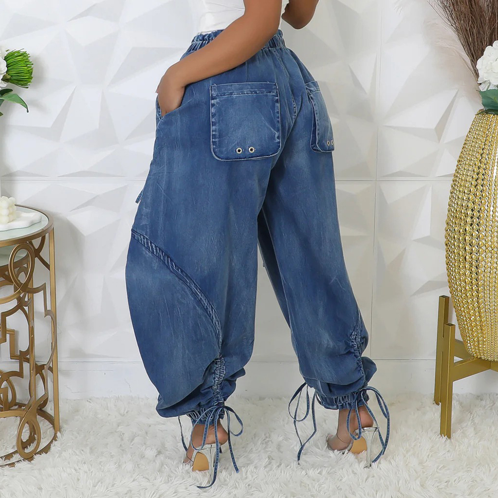 TWOTWINSTYLE DENIM Spliced Lace Up กางเกงยีนส์ผู้หญิงสูงเอว Patchwork Drawstring VINTAGE กางเกงหลวมหญิงเสื้อผ้าแฟชั่นใหม่