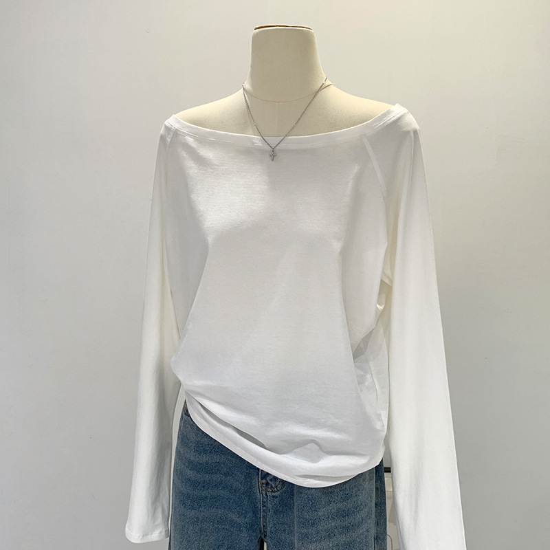 Herfst Winter Eén schouder Katoenen lange mouw Schuine schouder Dameskledingstijl Interieur Brede truffelschouderbasisshirt