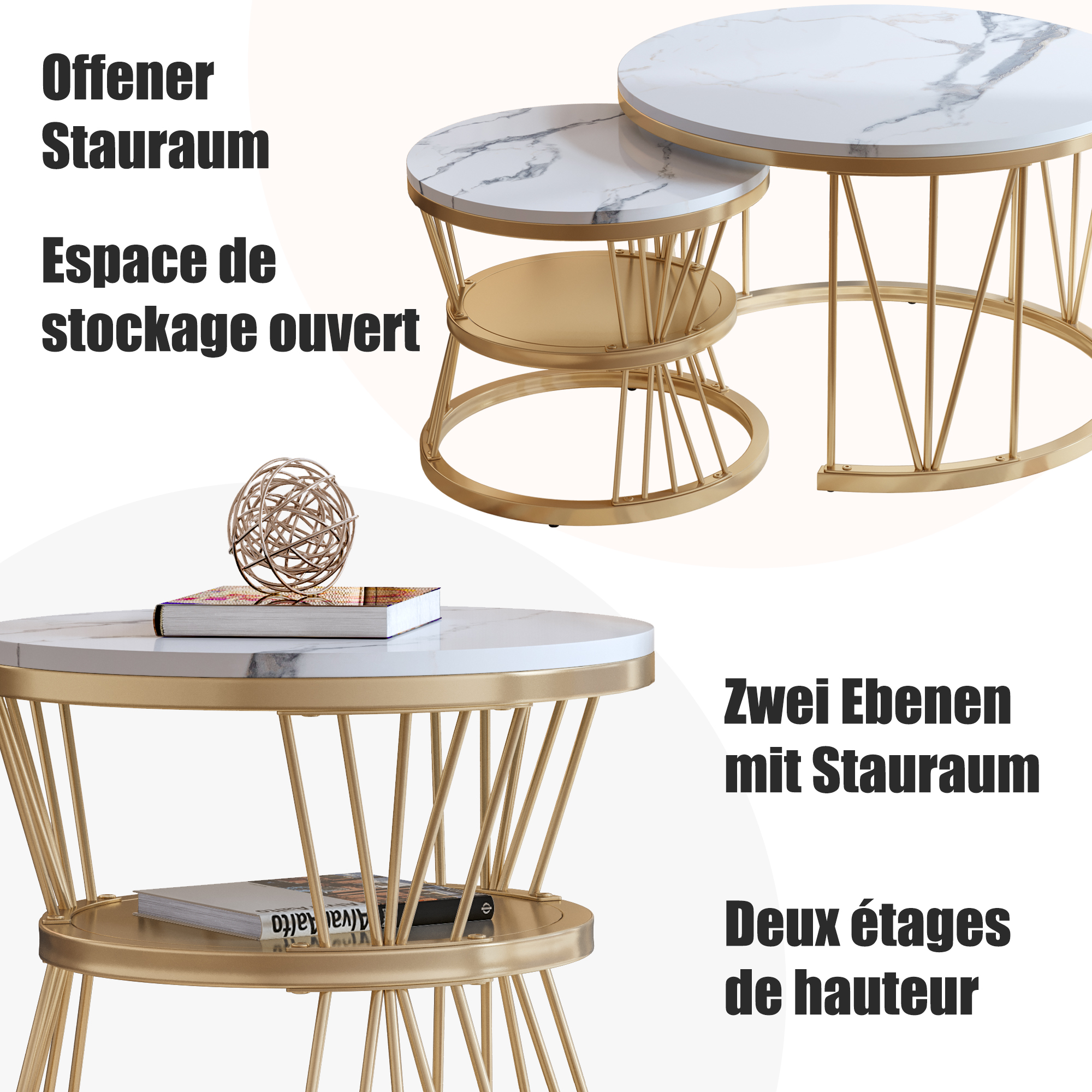 Table basse ronde moderne, 2 pièces, tables gigognes, Table de salon avec cadre en métal et Table d'appoint en placage de marbre