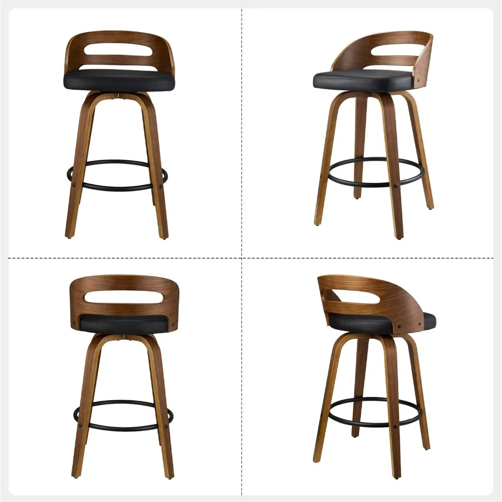 Swivel Bar Stools,Counter Height Chairs with Walnut Wood Frame Leather, Low Back, Footrest & Easy-Clean Design for Kitchen, Bar
