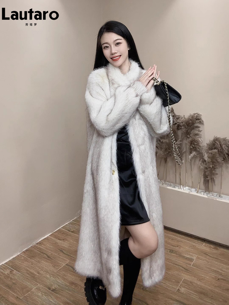 Lautaro Otoño Invierno largo grueso cálido peludo suave abrigo de piel de zorro de imitación mujeres cuello alto elegante chaqueta mullida elegante de lujo 2024
