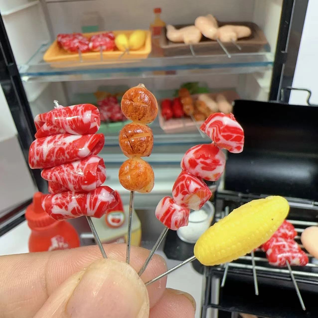 Neue 1/12 Miniatur Supermarkt Lebensmittel Simulation Kabob Rindfleisch Wurst Mais Pilz für Puppenhaus Mini Küche Ton Lebensmittel Zubehör