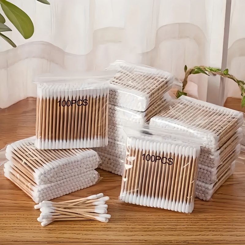Bastoncillos de algodón de doble punta para maquillaje, varillas de madera para limpiar las orejas y quitar el maquillaje, 100 unidades