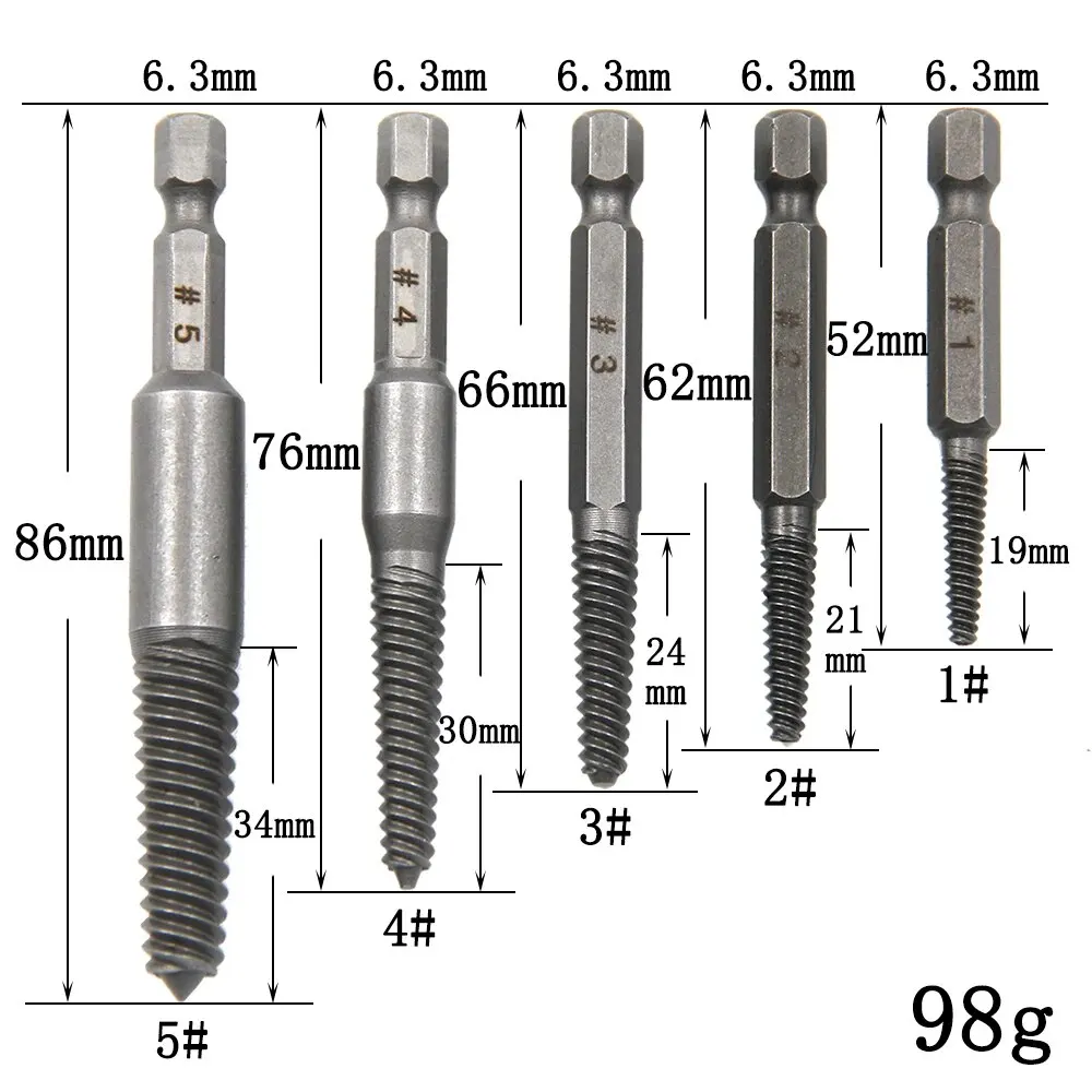5PC Hexagonal Handle Broken Head Screw Extractor Power Tool Accessory Hexagonal Broken Thread Extractor Thread Set
