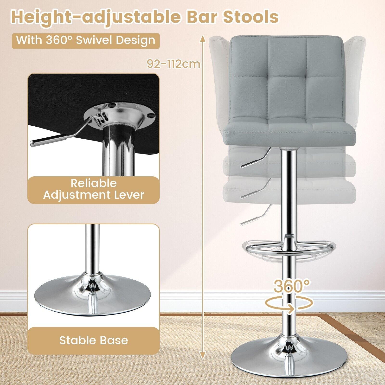 GOFLAME Set of 2 Bar Stool PU Leather Counter Height Chair 360° Swivel Adjustable Height