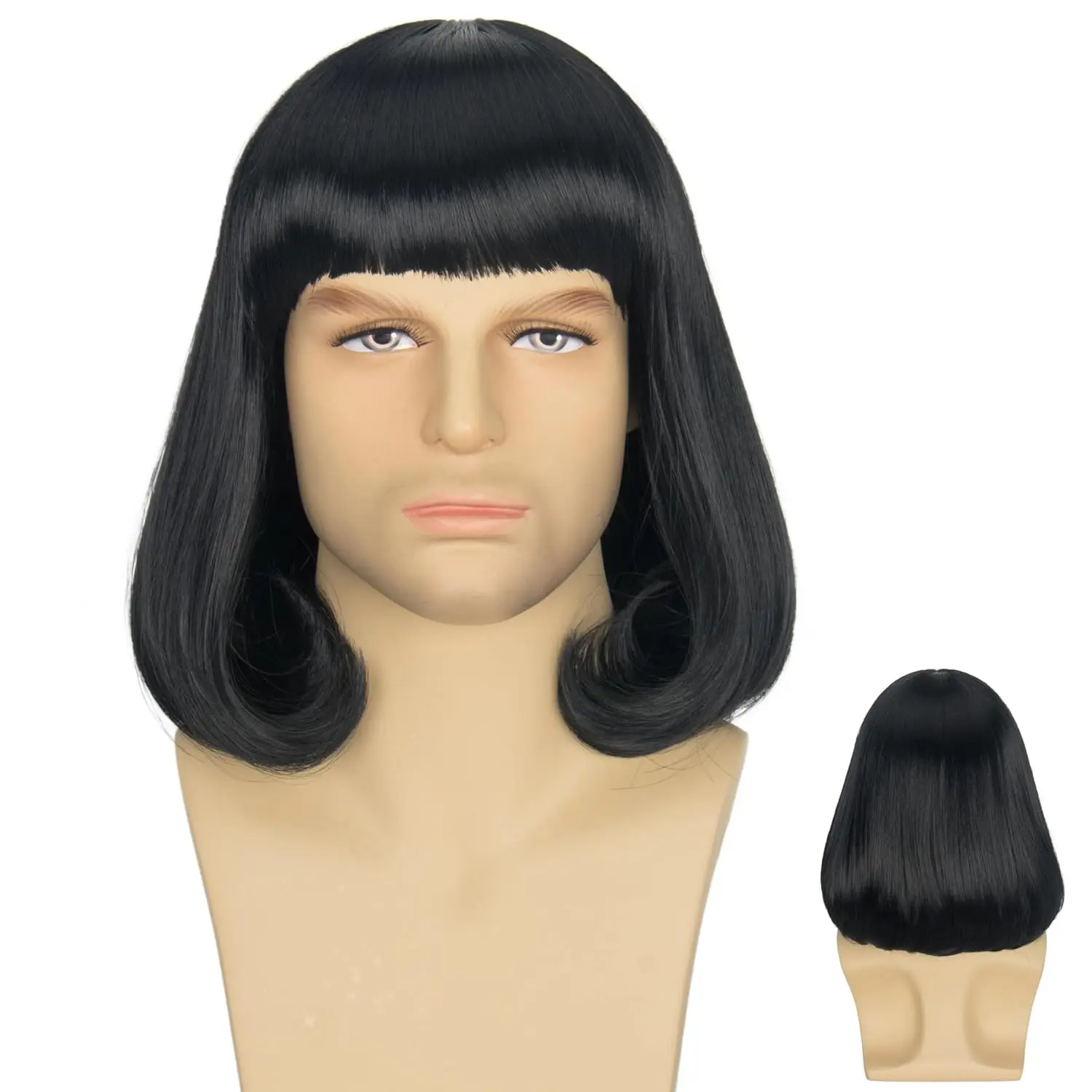 Synthetische Unisex schwarze gerade Flip-in kurze volle Bang realistische Halloween Cosplay Bob Perücke mit Pony Lord Farquaad Perücke
