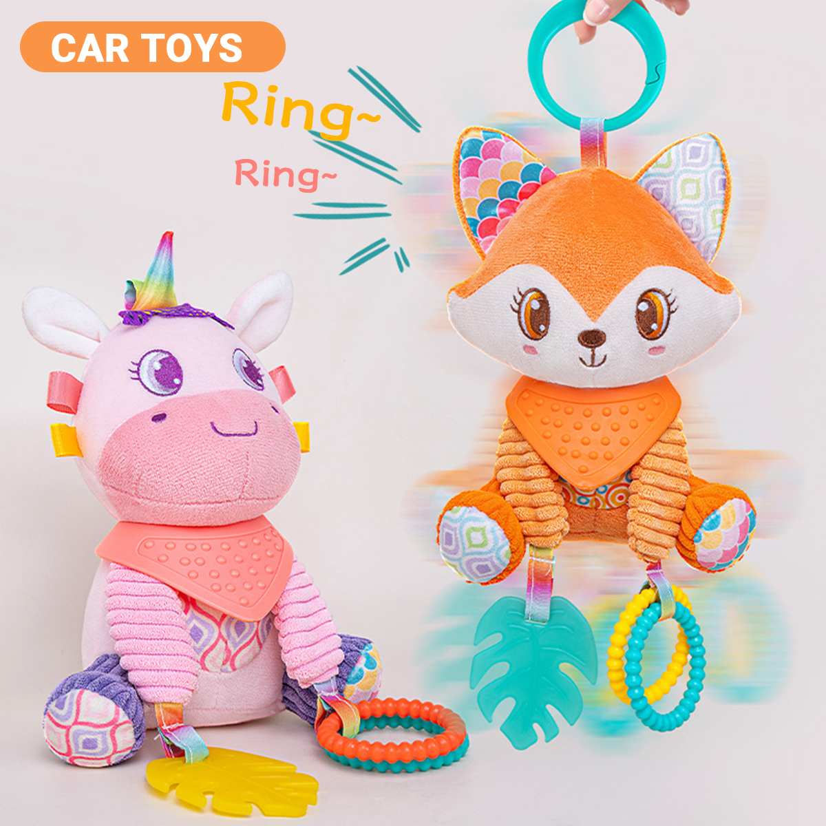 Soft Hanging Crinkle Squeaky Sensory LearningToy Stroller Car Seat Crib Travel Plush Animal Wind Chime with Teether Boys Girls