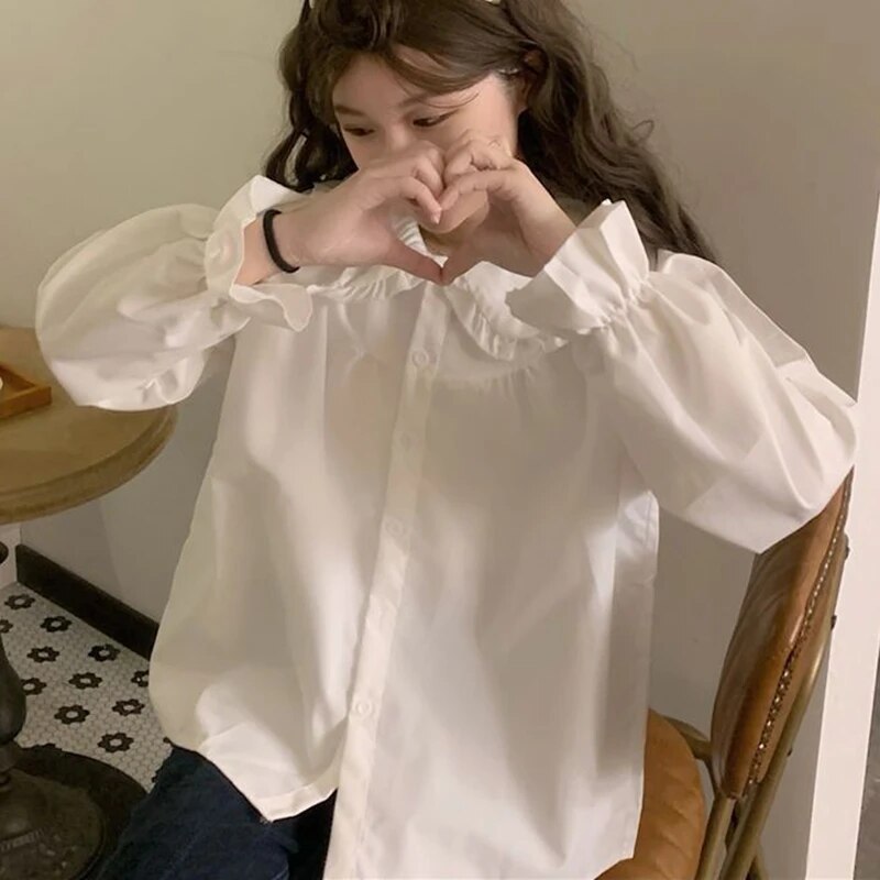 Gidyq Vintage Damen Weißes Hemd Adrette Mode Elegante Weibliche Langarmbluse Y2K Süße Kawaii All Match Shirts