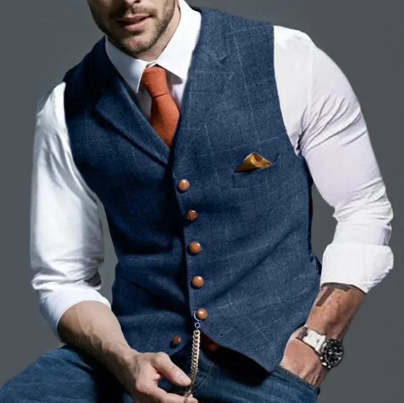 Herren Casual Classic Anzugweste Retro Herringbone Revers Baumwollmischung Tweed Slim Business Pendleranzug Gefütterte Weste S-3XL