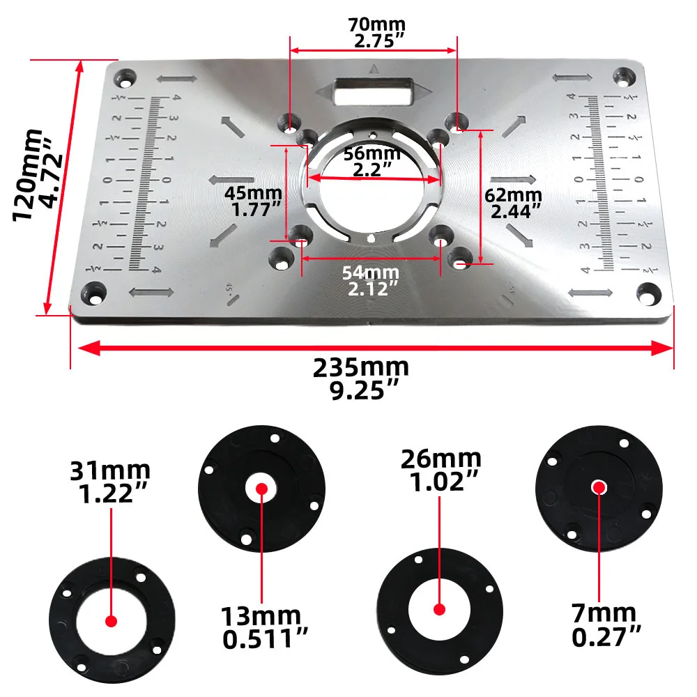 Mesa enrutadora de aluminio, placa de inserción para bancos de carpintería, placa enrutadora, herramientas de madera, fresadora y recortadora con anillos