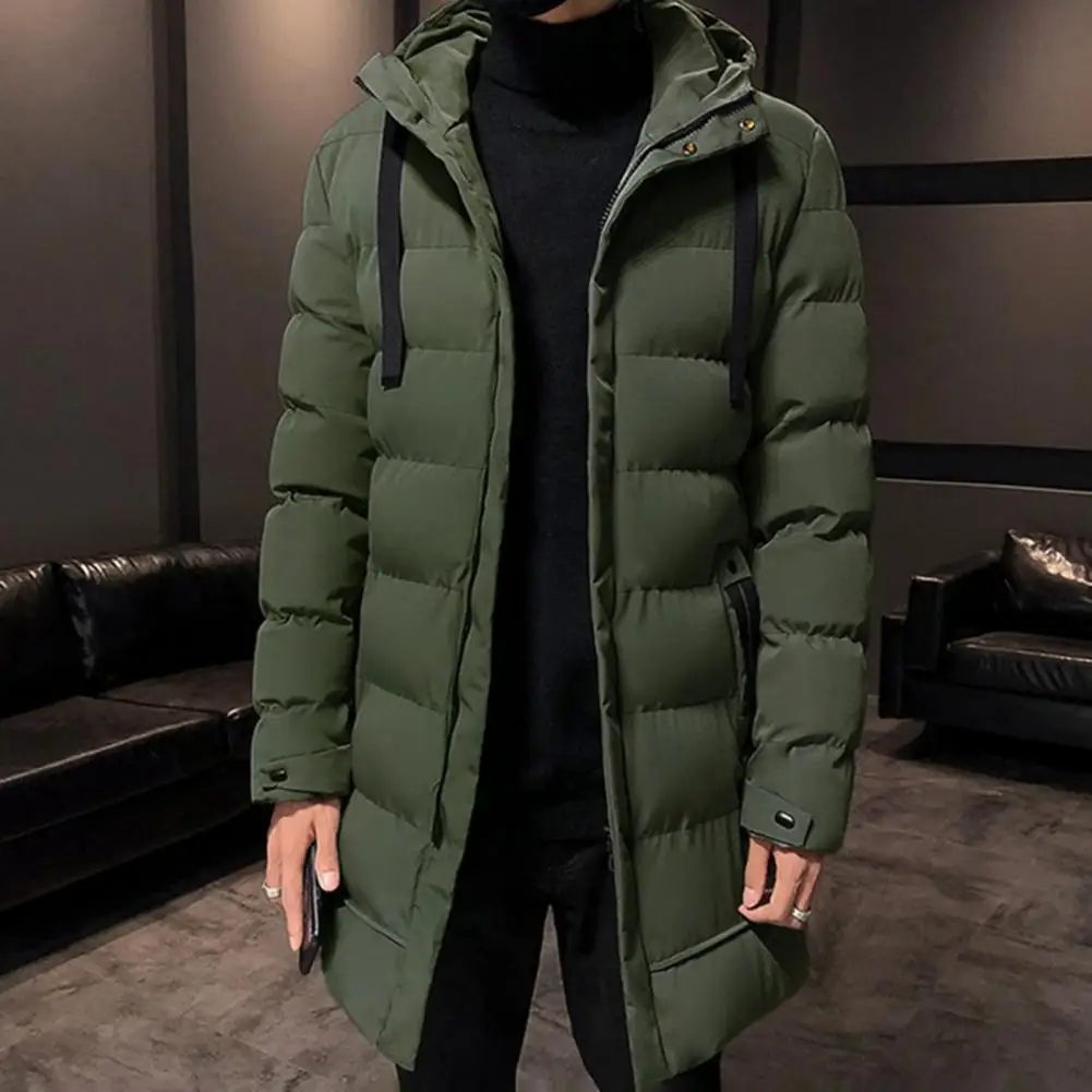 Parkas de manga comprida com capuz masculino jaquetas longas de inverno algodão acolchoado com cordão jaqueta corta-vento de comprimento médio para uso diário