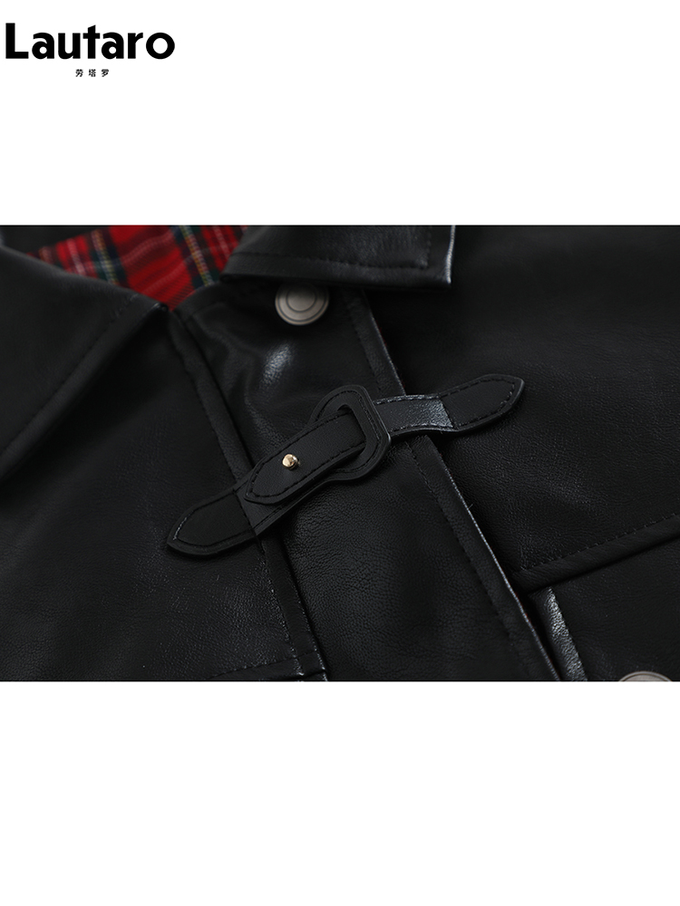 Lautaro-ลายสก๊อตPatchwork Puแจ็คเก็ตหนังสําหรับผู้หญิง,ขนาดใหญ่,นุ่ม,Reversible,แขนยาว,Luxury Designerเสื้อผ้า,ฤดูใบไม้ผลิ