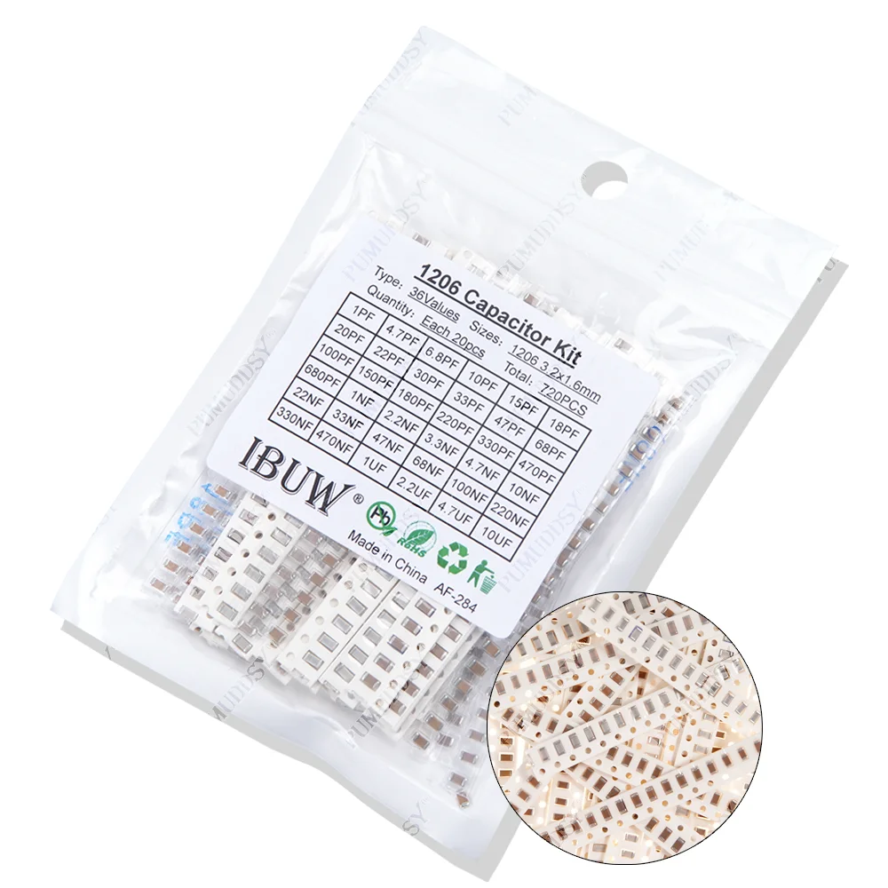 320 Uds 720 Uds 2500 Uds 0603 0805 1206 Kit de condensadores SMD Kit surtido 16/36/50 valores PUMUDSY 1PF ~ 1UF