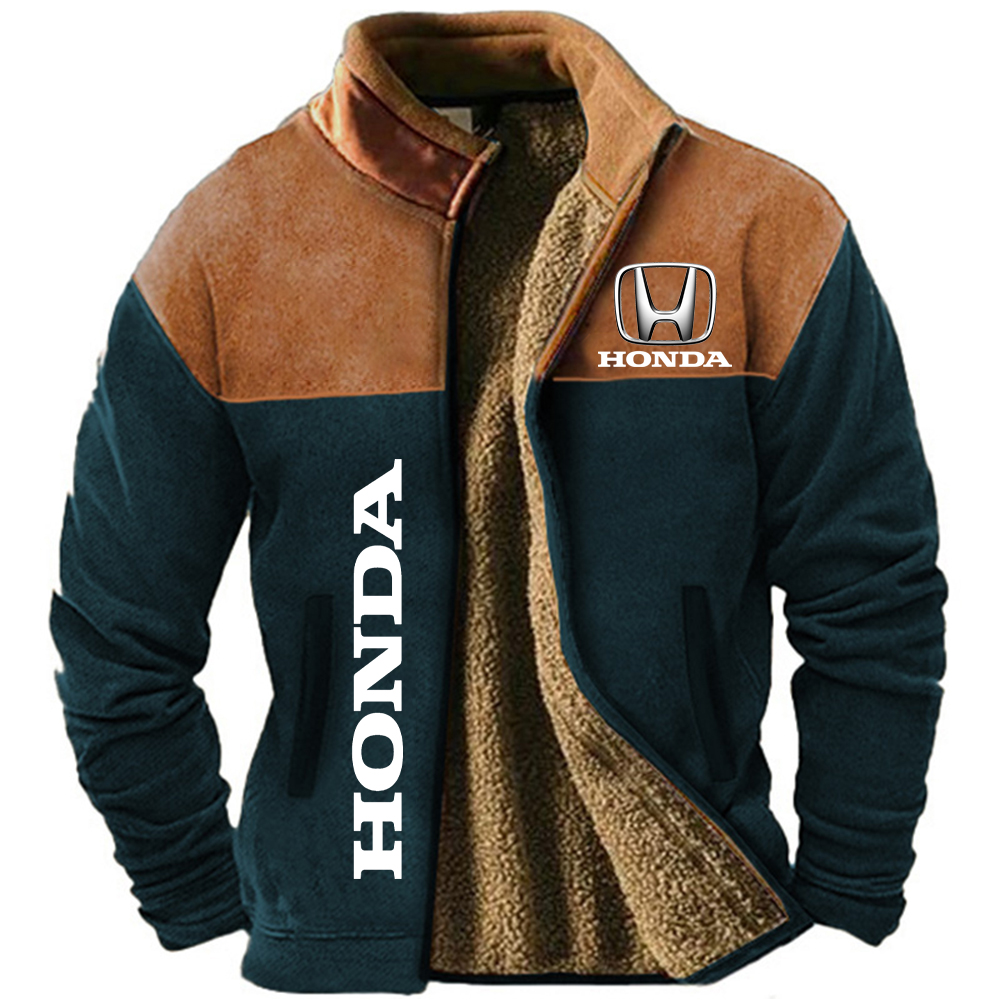 ​​Honda Ethnic Retro Style: Men's Winter Wool Jacket - Windproof Warm Riding Wear for Outdoor Motorcycle Enthusiasts