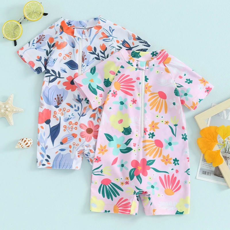 Traje de baño para niñas pequeñas, peleles con cremallera, manga corta, estampado floral, traje de baño para niños, traje de baño para bebés