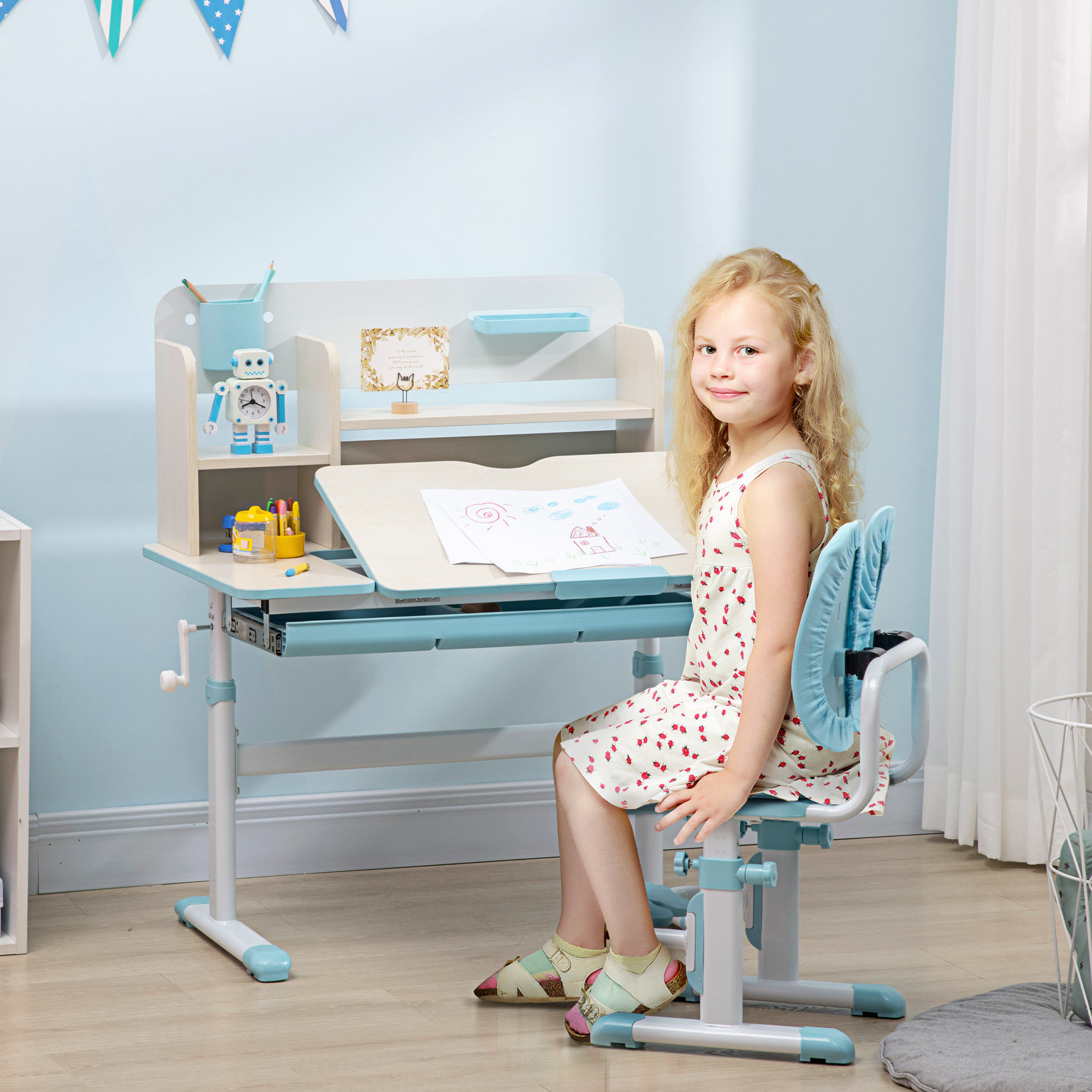 HOMCOM Kids Study Desk and Chair Set, Height Adjustable Set with Storage Shelves, Anti-Slip Mat, for Ages 3-12 Years