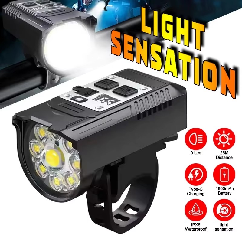 Fahrradscheinwerfer 9-LED-Fahrrad-Frontlicht Typ C wiederaufladbare Fahrradlampe Ultraleichte Lenkerlichter Wasserdichte Fahrrad-Taschenlampe