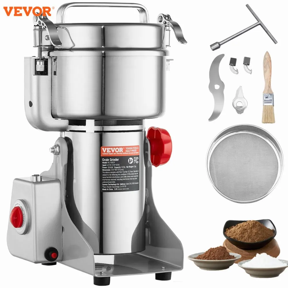 VEVOR Elektrische Getreidemühle, kommerzielle Hochgeschwindigkeits-Gewürzmühle, Pulverisierer für Edelstahl, Pulvermaschine