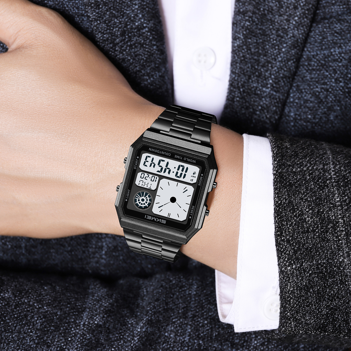 Reloj electrónico Digital SKMEI World Time para Hombre y mujer, relojes de pulsera con tira de acero inoxidable resistentes al agua para deportes al aire libre, Reloj para Hombre
