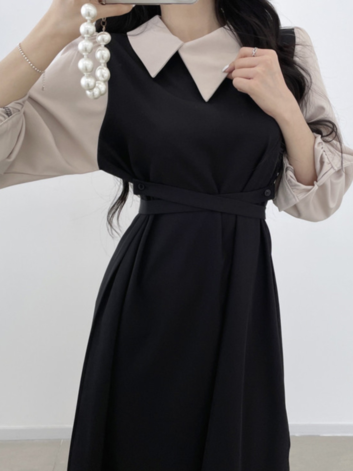 하이 엔드 Feelwomen의 긴 드레스 컬러 차단 슬리밍 우아한 퍼프 슬리브 a 라인 봄 가을 하이 웨이스트 여성 의류