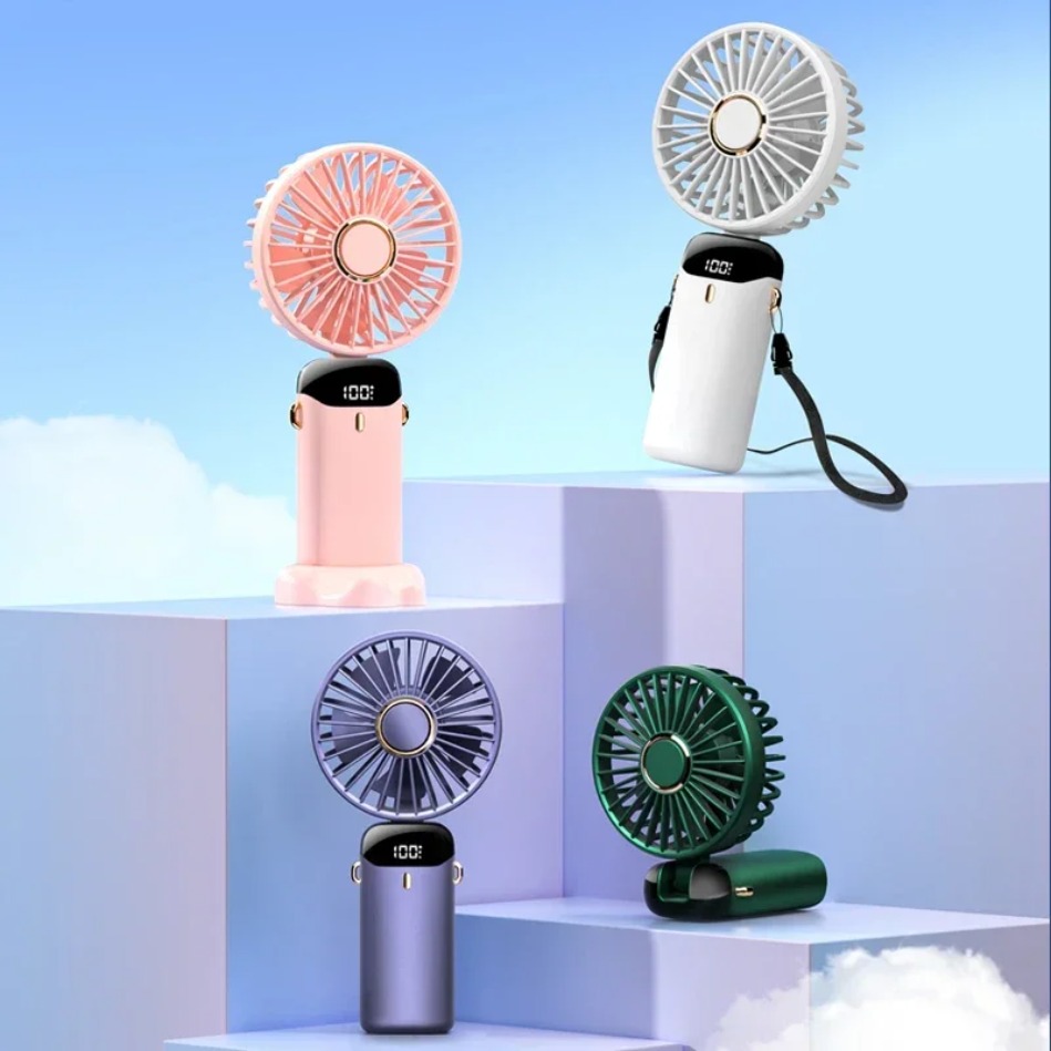 5 Speed Adjust USB Charge Fan Handheld And Suction Cups Mini Fan Foldable Neck Hanging Fans with Phone Stand and Display Screen