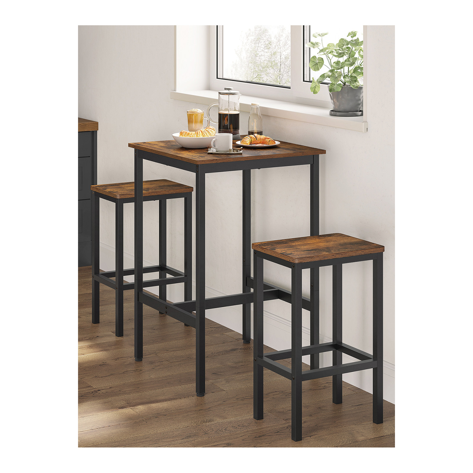 VASAGLE-Juego de mesa de Bar cuadrada, 2 Taburetes de Bar, mesa de Pub de comedor para 2, Juego de desayuno de cocina que ahorra espacio, sala de estar, sala de fiestas