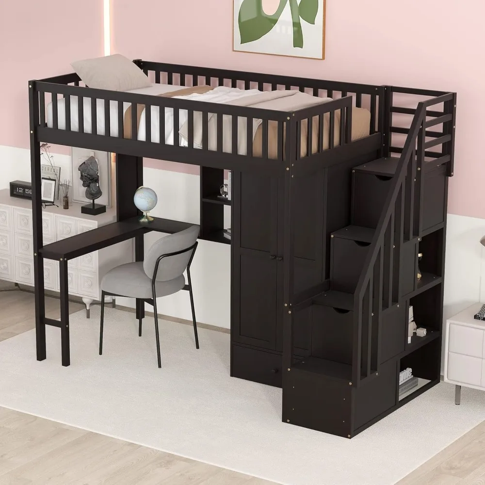 Twin Size Loft Bed with Bookshelf, Wardrobes and Storage Staircase, Multi-Function Solid Wood High Stairway Loft Bed Frame Kids