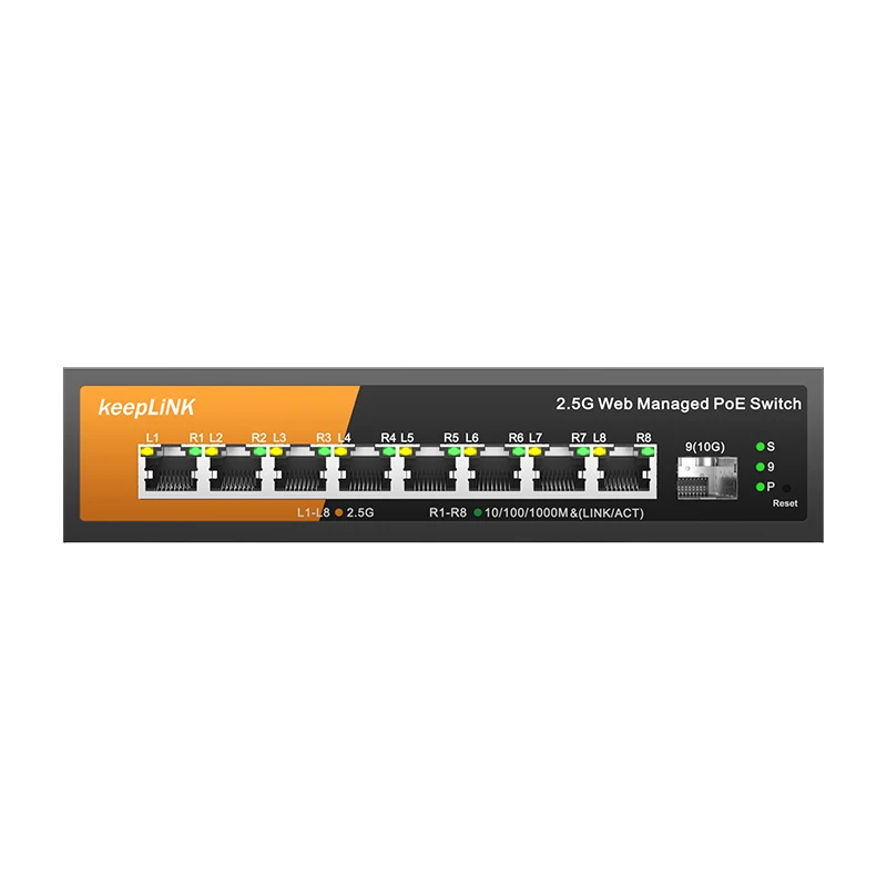 Switch gerenciado multigigabit de 9 portas KeepLink com PoE de 8-2,5 Gbps e SFP + Uplink de 1-10 Gb