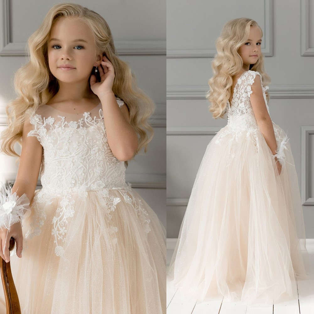 BABYONLINE Kant Tule Bloemenmeisjes Jurken 2024 Prinses voor Kind Kind Bruiloft Licht Champagne Maxi Baljurk Avond