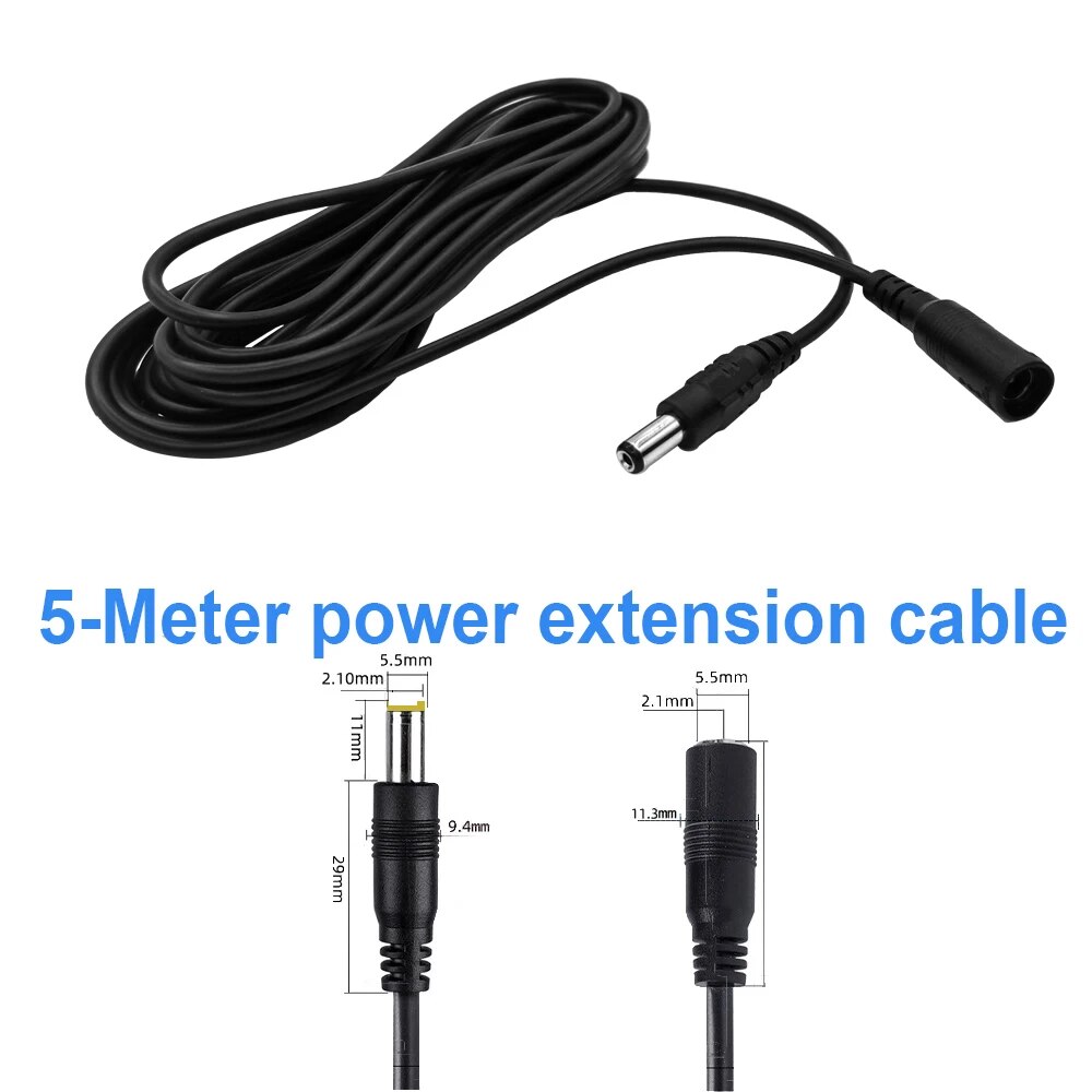 Cabo de extensão de alimentação dc12v, 5m, 10m, 5.5mm * 2.1mm, conector macho para fêmea para lâmpada led, câmera de segurança cctv, cabo de alimentação preto