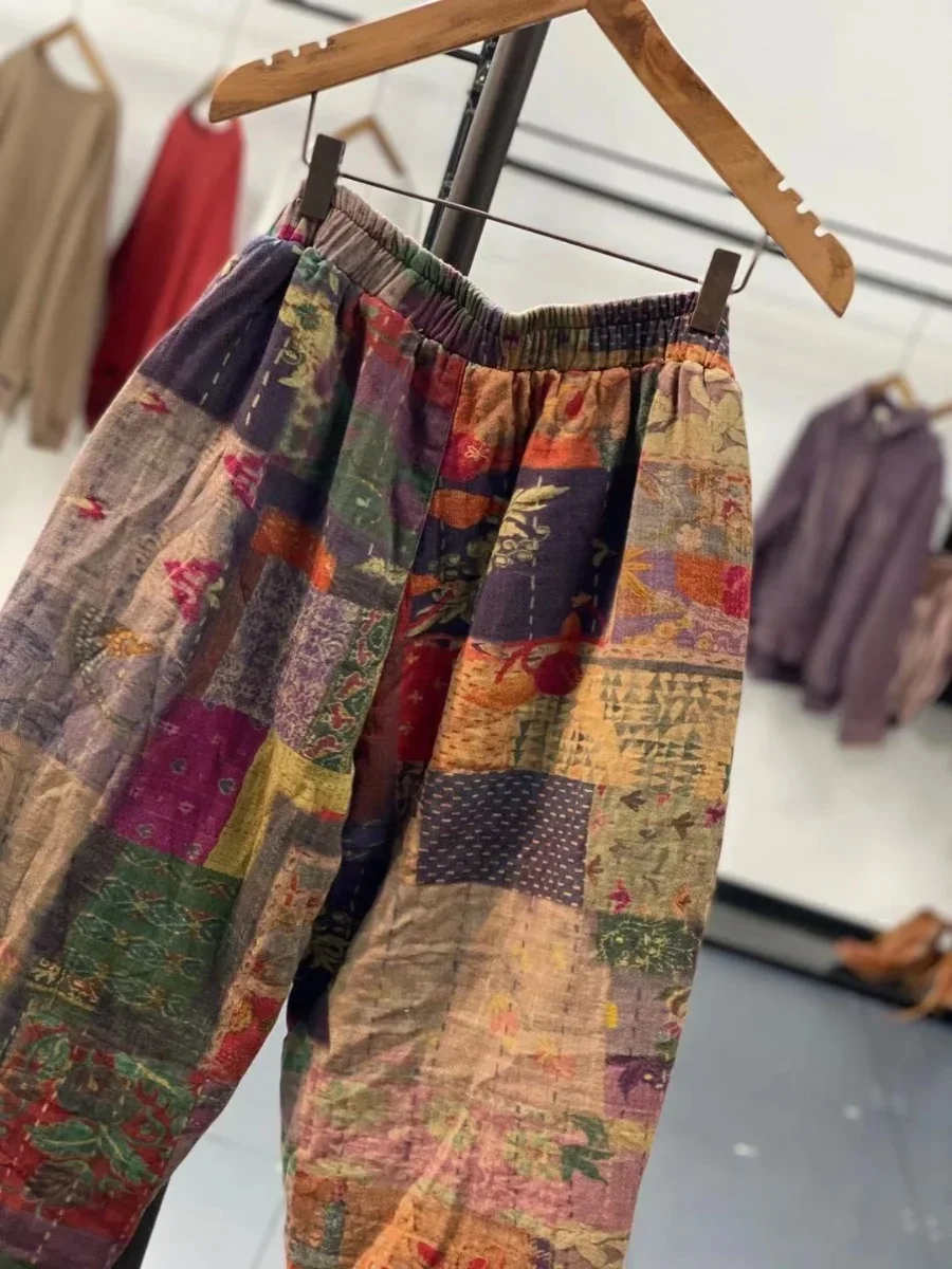 Pantalones Harem cálidos acolchados de algodón con estampado de almazuela de moda de estilo étnico para mujer, pantalones combinables con múltiples bolsillos y cintura elástica Vintage