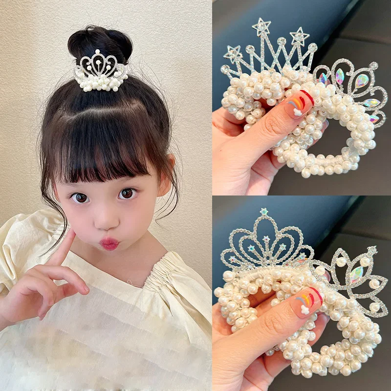 1PCS ใหม่แฟชั่นเพิร์ลมงกุฎเจ้าหญิงน่ารักเด็กยืดหยุ่นเด็กผูกสาวอุปกรณ์เสริมผมเด็ก Headwear