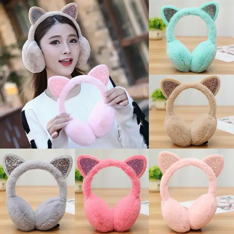 Winter Warm Cat Ear Warmers Glitter Ears Plush Earmuffs for Women Playful Girls Ear Muffs Cold Protection Warm Hot