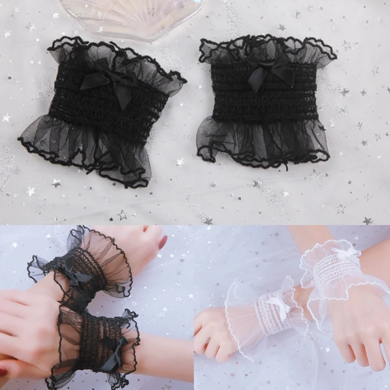 652F สไตล์ญี่ปุ่นหวานหวานแหววข้อมือยางยืดสายรัดข้อมือสร้อยข้อมือผูกโบว์ลูกไม้มีระบายสีทึบสายรัดข้อมืออะนิเมะ