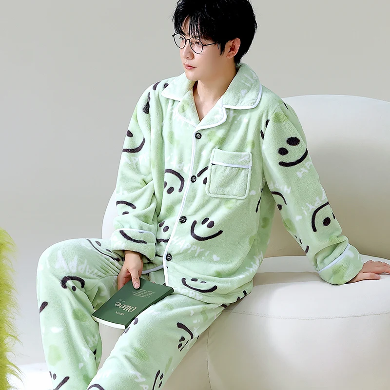 Cartoon Winter Pajamas Men's Open Cardigan Thiened Loose Warm Autumn Winter Flannel Home Clothes New Arrival Luxury Sle L...