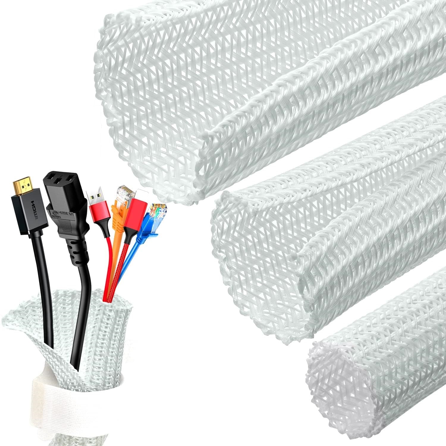 White Cable Sleeve, Cable Organizer for Desk PC TV Computer, Wire Protector Cable Wrap Cover, Cord Management for Home Office