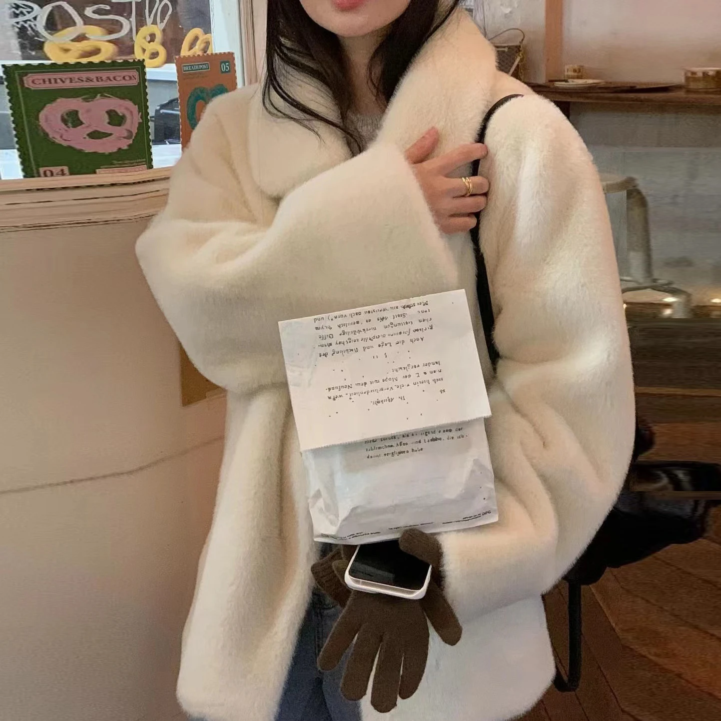 A-ファッション秋冬新スタイルシングルボタン襟ファーコート長袖ストレートカット通勤ポリエステル繊維アイロンフリー