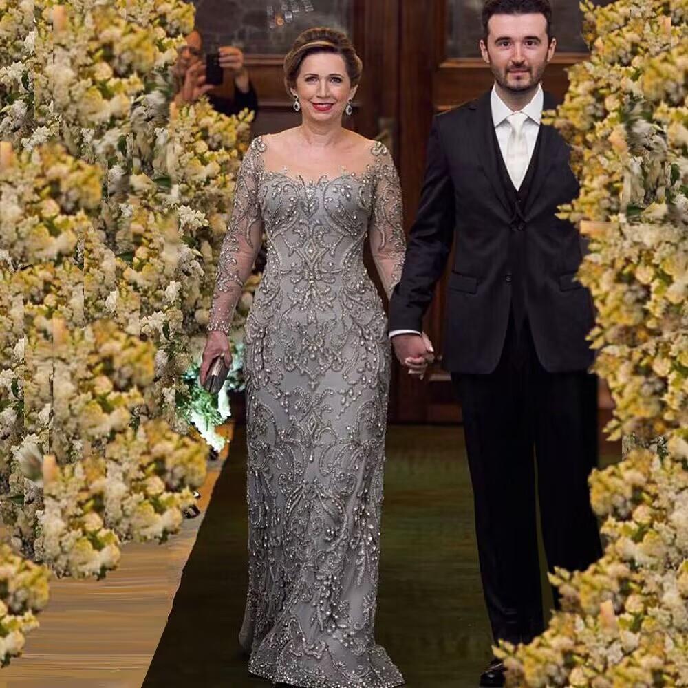 Robe de luxe perlée pour mère de la mariée, encolure dégagée, manches longues, longueur au sol, robes de train de balayage pour femmes, personnalisées