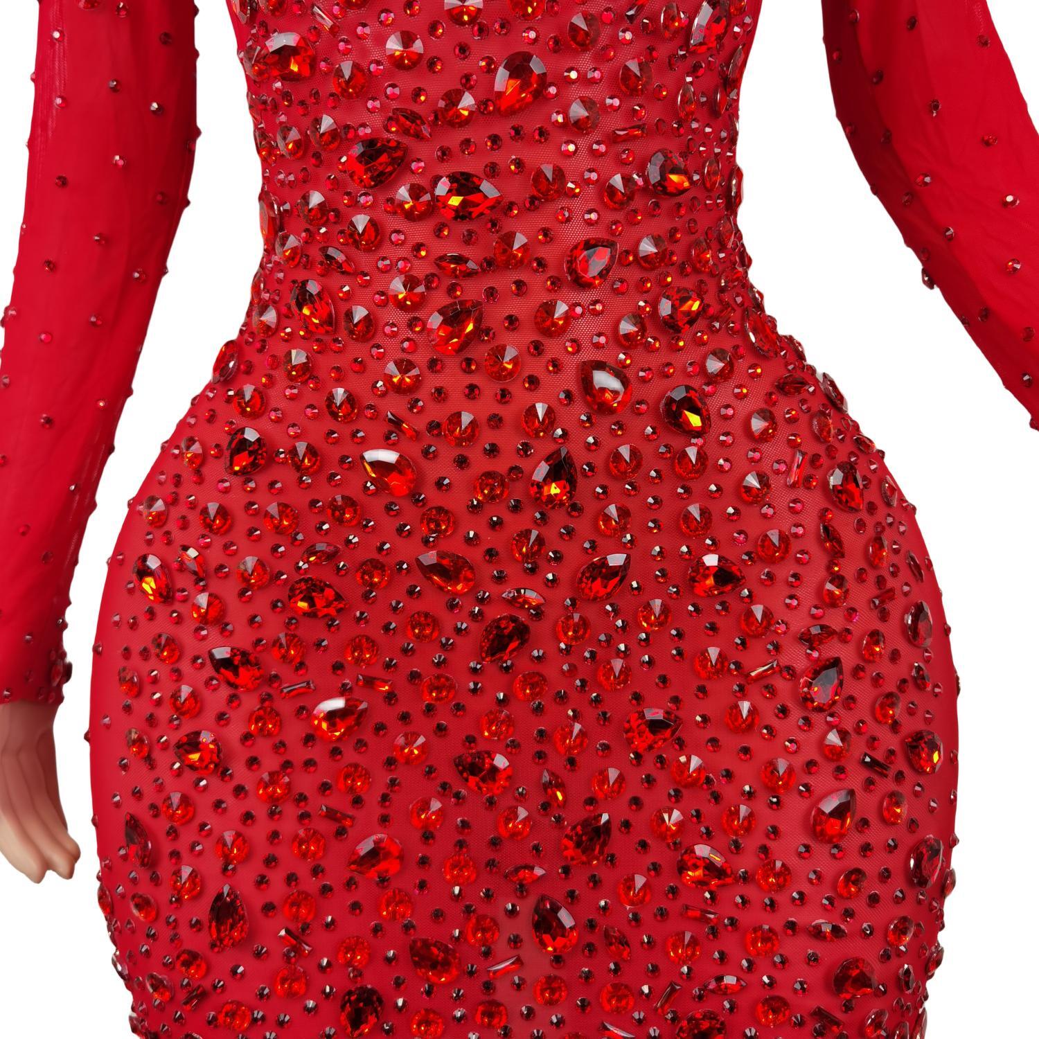 Vestidos de malha com strass para mulheres, traje de noite, vestido sexy para performance de palco, comemoração de aniversário vermelho