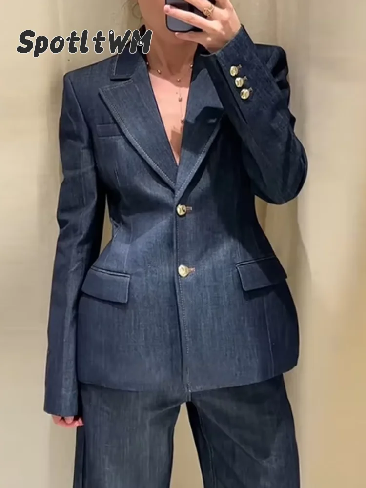 Conjuntos de 3 piezas de pantalones vaqueros de pierna ancha para mujer, chaqueta ajustada con solapa y hombros descubiertos, chalecos sin tirantes, conjunto de traje de mujer 2025