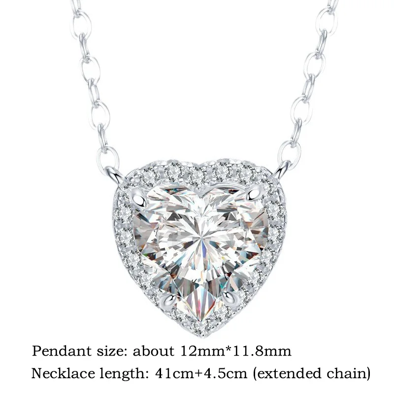 CHENWEN スターリングシルバー プラチナ 1-2CT モアッサナイト ネックレス レディース クラシック ハート ペンダント ウェディング ジュエリー 925 スターリングシルバー GRA