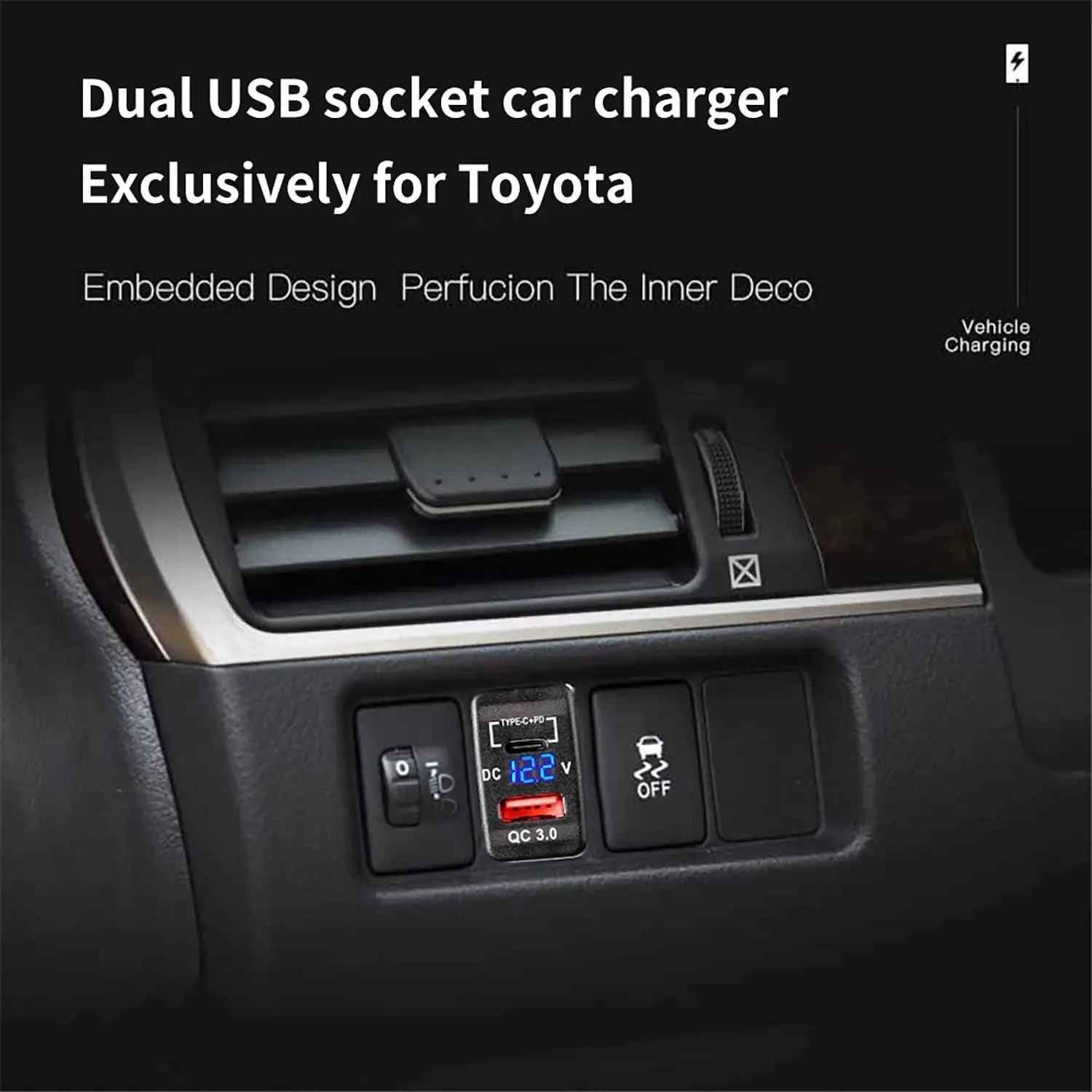USB Autolader Socket Quick Charge 3.0 & PD USB C Poort Stopcontact Adapter voor 12 V/24 V Toyota Voertuigen