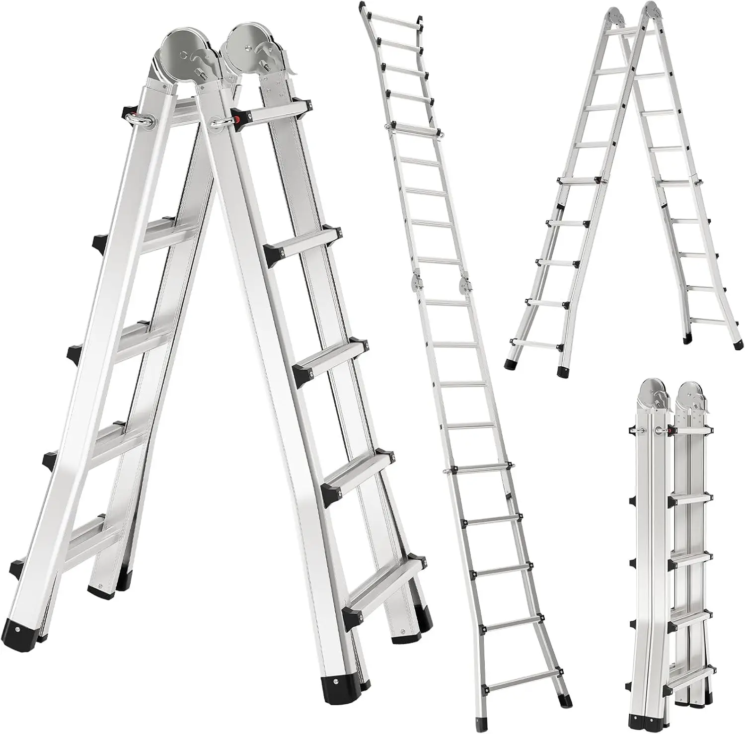 Escalera telescópica de aluminio, 4 x 5 peldaños, 4,8 m, escalera multifunción de aluminio, escalera articulada, escalera plegab