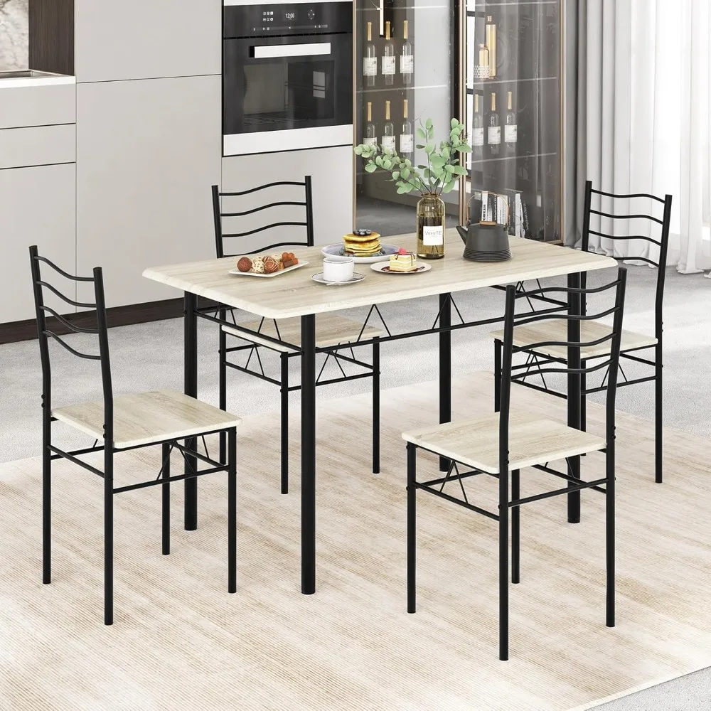 Kitchen Table Chairs Set of 4, 5 Piece Metal Rectangular Dinette Set w/Non-Slip Pad, Space-Saving Design, Modern Dining  Room