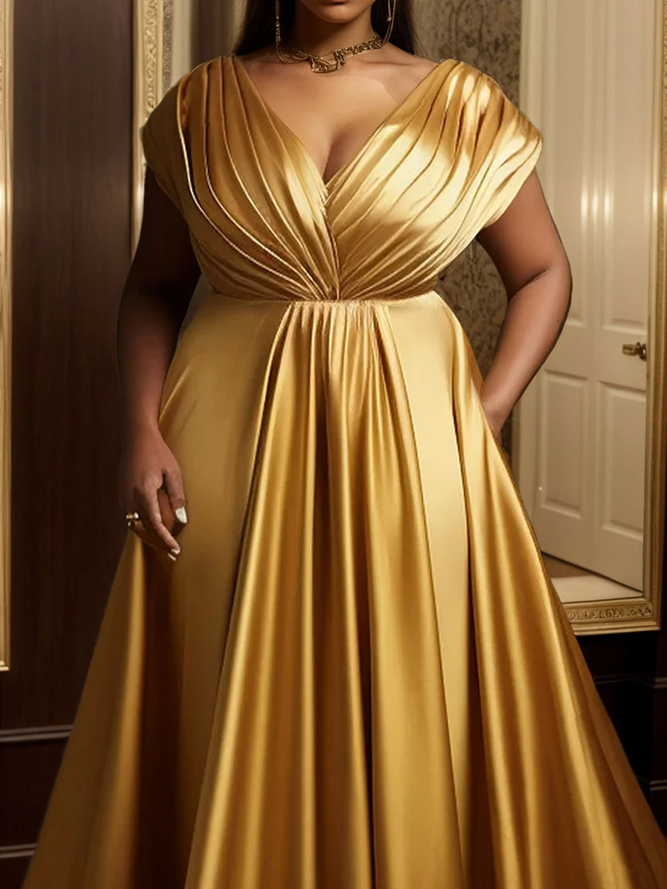 Formelles Abendkleid in Übergröße aus Satin, elegant, gestuft, V-Ausschnitt, ärmellos, goldfarben, luxuriös, hohe Taille, A-Linie, Party, Hochzeit, Maxikleider