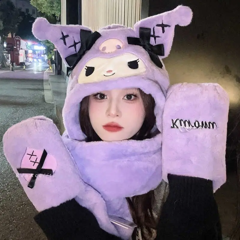 Sanrio süße Kuromi My Melody Schal Handschuhe dreiteiliges Set einteiliges Kawaii Kapuze Winter winddicht warm Schal Gehörschutz Hut