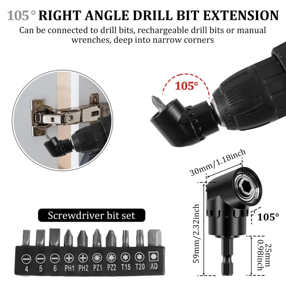 Juego de extensión de broca flexible, adaptador de enchufe giratorio, vástago hexagonal 105 °   Destornillador de taladro en ángulo recto 90 °   Kits de puntas en ángulo