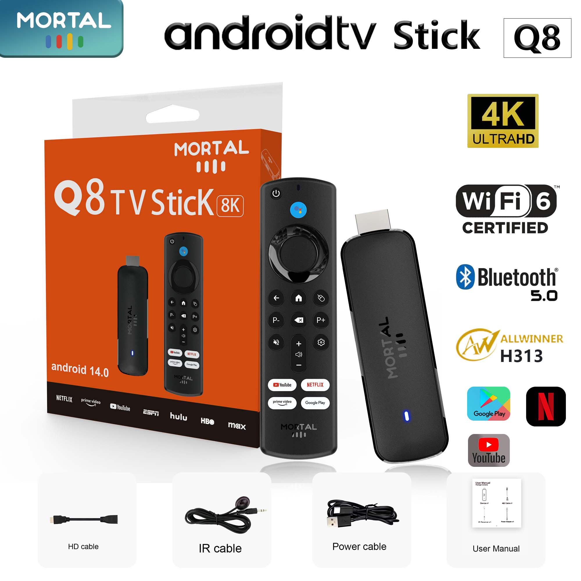 Android TV Mini TV Stick Mortal Q8 Android14 Support 8K Video 4K Wifi6 Allwinner H313 Quad Core Voice Remote Smart Chromecast