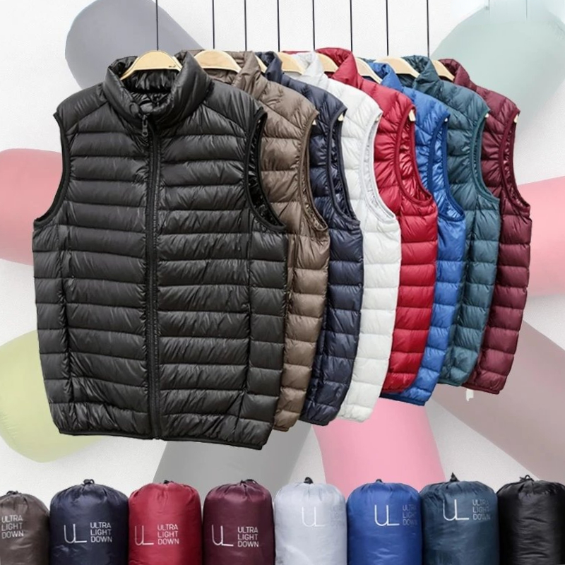 Nuevo Otoño Invierno hombres pato abajo chaleco abrigo Ultra fino ligero abajo chaqueta chaleco ultraligero sin mangas puffer chaleco chaqueta